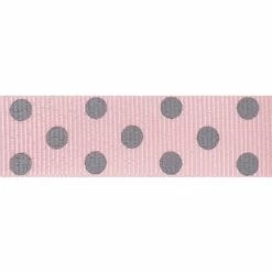 Berisford Ribbon Spotty Grosgrain Pink/Grey Colour No.16 Ribbon - 15mm X 20M