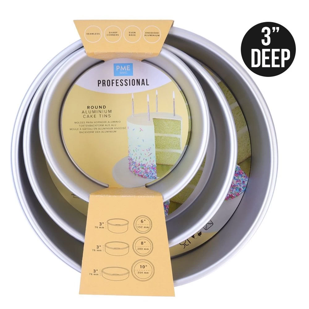PME 3" Deep Round Cake Tins - Set Of 3 - 6", 8", & 10" PME 3" Deep Round Cake Tins - Set Of 3 - 6", 8", & 10" -Wilton Shop pme 3 deep round cake tins set of 3 6 8 10 p15580 54313 image