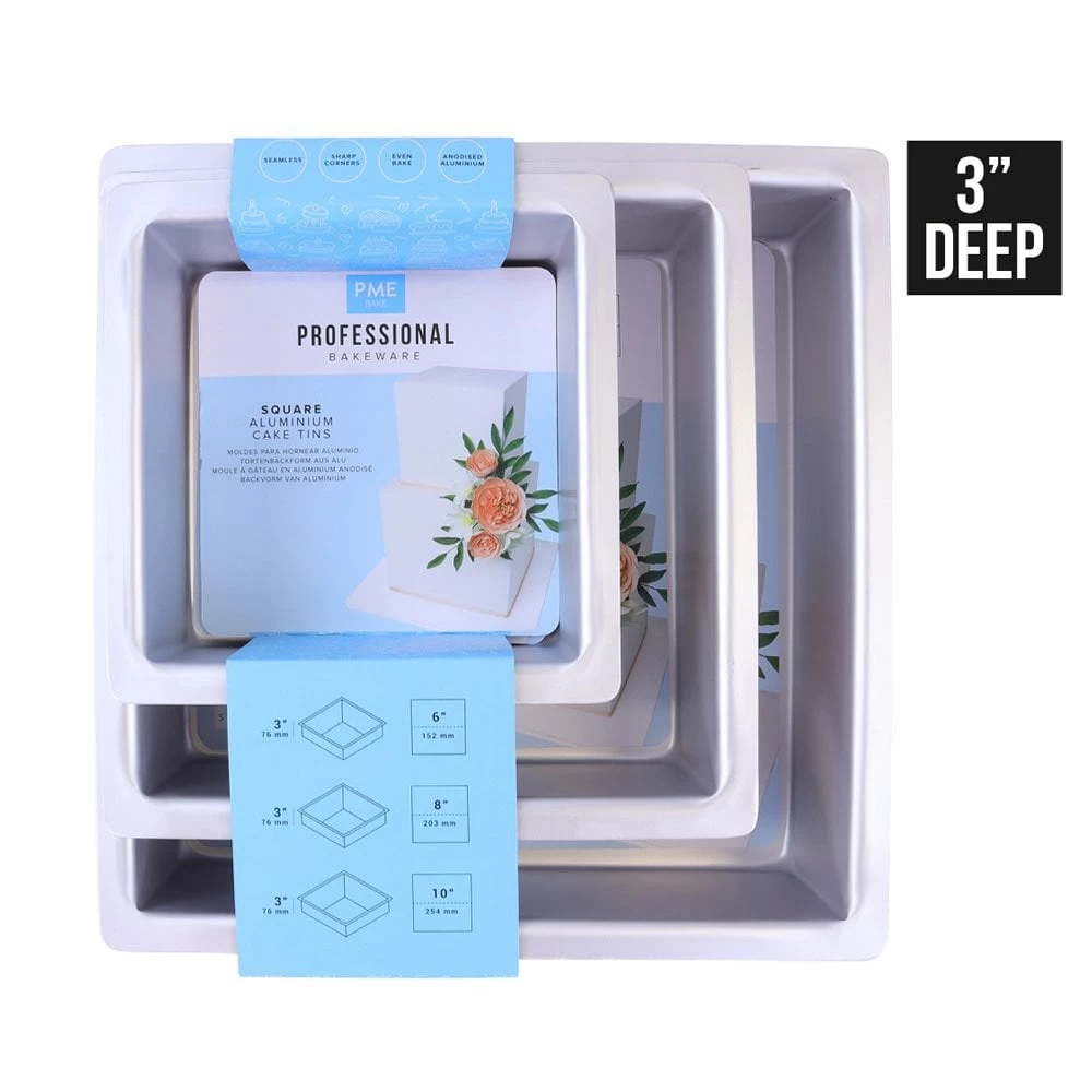 PME 3" Deep Square Cake Tins - Set Of 3 - 6", 8", & 10" PME 3" Deep Square Cake Tins - Set Of 3 - 6", 8", & 10" -Wilton Shop pme 3 deep square cake tins set of 3 6 8 10 p15584 54321 image