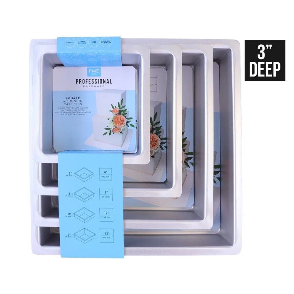 PME 3" Deep Square Cake Tins - Set Of 4 - 6", 8", 10" & 12" PME 3" Deep Square Cake Tins - Set Of 4 - 6", 8", 10" & 12" -Wilton Shop pme 3 deep square cake tins set of 4 6 8 10 12 p15585 54323 image