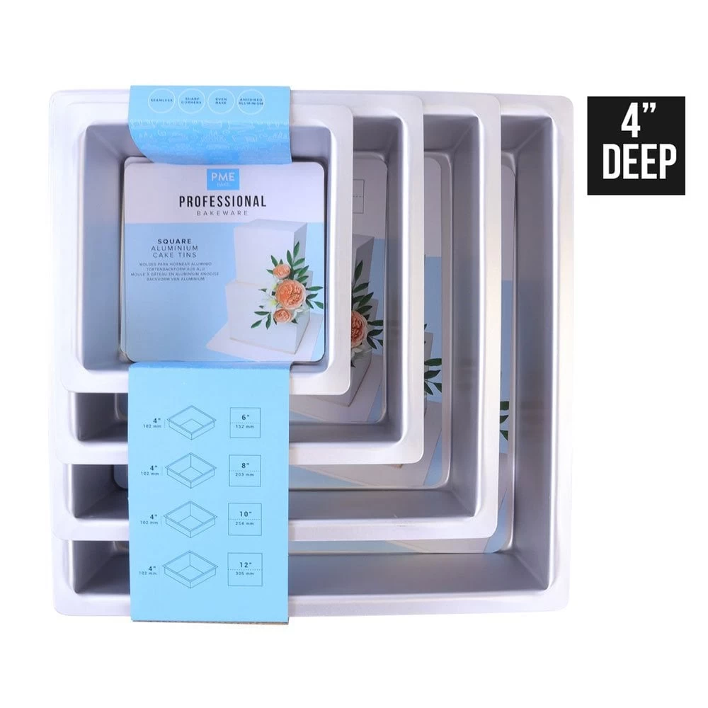 PME 4" Deep Square Cake Tins - Set Of 4 - 6", 8", 10" & 12" PME 4" Deep Square Cake Tins - Set Of 4 - 6", 8", 10" & 12" -Wilton Shop pme 4 deep square cake tins set of 4 6 8 10 12 p15587 54327 image